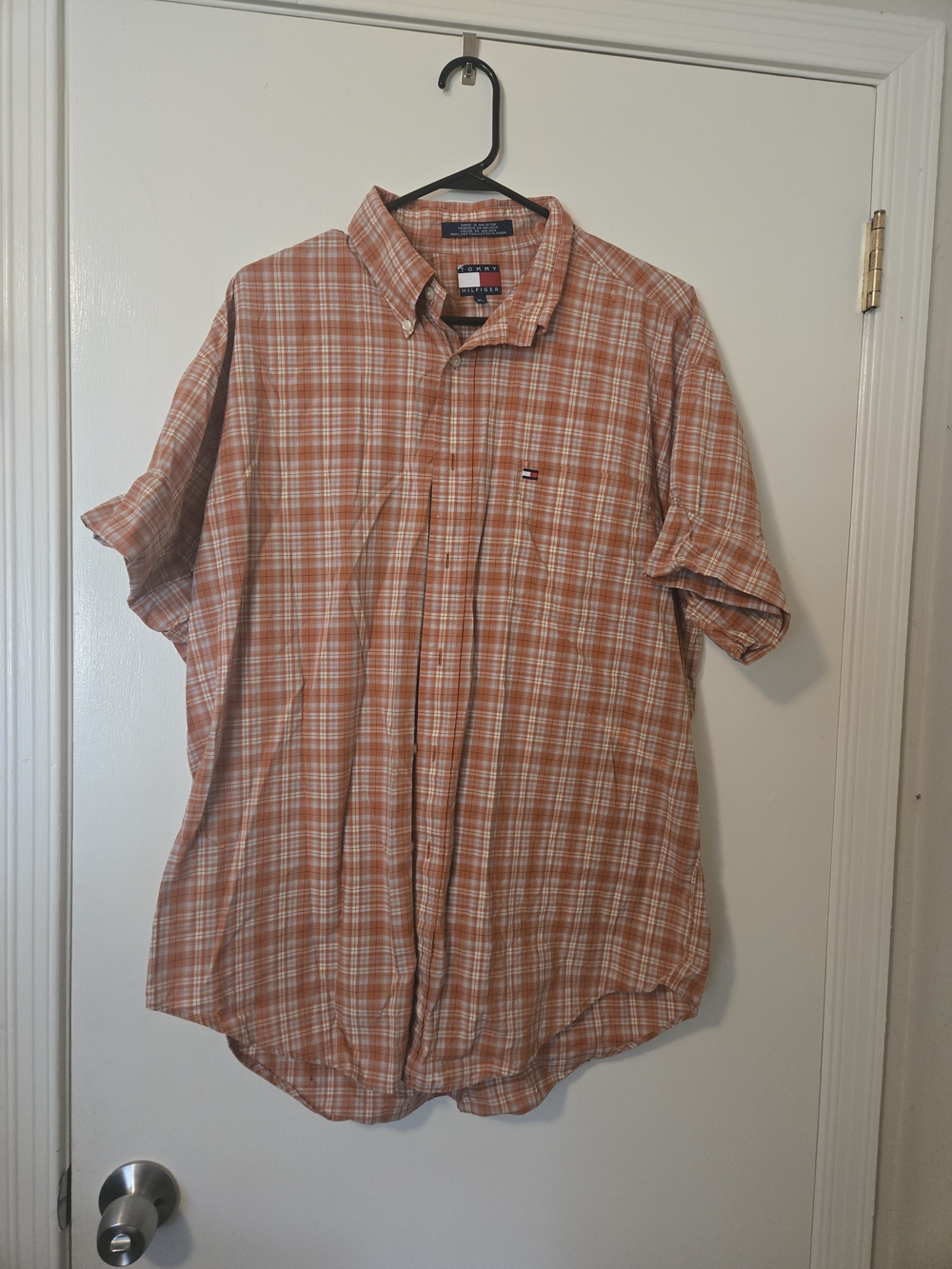Tommy Hilfiger Orange and White Plaid Short-Sleeve Button-Down Shirt